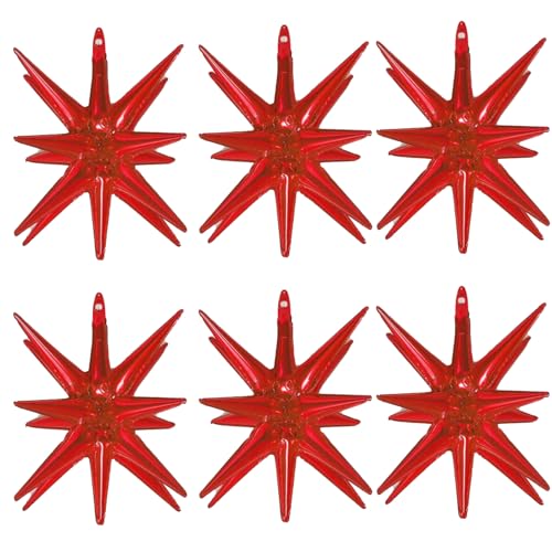 6 Pcs Red Star Foil Balloons One-Piece 14-Pointed Star Balloon 4D Cone Mylar 22inch Christmas Birthday Wedding Fireworks Shape Party Supplies (Red) - color: Red