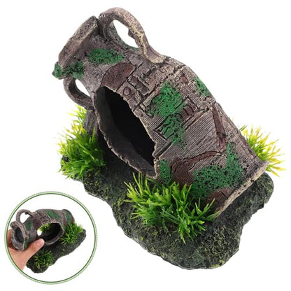 Aquarium Ruins Ancient Vase Shrimp Caves Resin Pot Decoration Broken Vase Fish Tank Landscaping Decor Realistic Hideout Shelter for Freshwater Fish and Shrimp Tanks