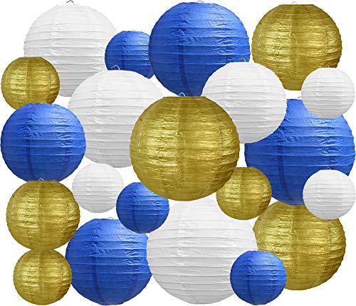 BEISHIDA 21 Pcs Blue Gold White Round Paper Lanterns Decorative Hanging Asia Chinese Japanese Paper Lanterns Lamp for Birthday Wedding Baby Bridal Shower Graduation Party Classroom Decoration - color: Blue Gold White, size: 4、6、8、10、12 Inch