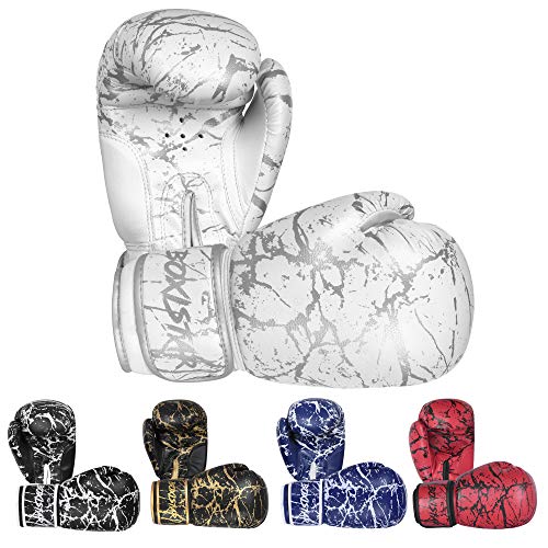 Athllete Boxistar Boxing Gloves - Men's & Women's, 8 oz to 16 oz with Optimal Padding - color: White/Metallic Silver, size: 16 oz