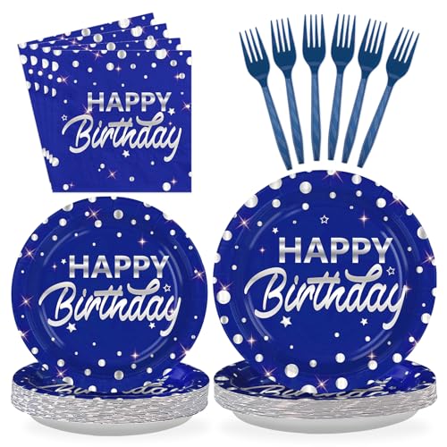 96Pcs Blue and Silver Birthday Party Decorations Silver Polka Dots on Blue Paper Plates and Napkins Disposable Tableware for Men Birthday Party Father's Day Graduation Decorations 2026 Serves 24 - style: Blue Sliver Wave Point Birthday Sets