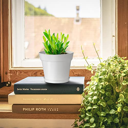 SwinDuck 28 Pack 4 inch Small Plant Pots, Plastic Planters with Drainage Holes and Saucers for Flowers Plants, Succulents, Seed Starting Pots, White - color: White