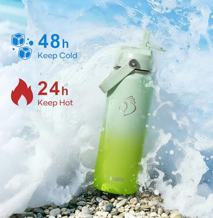 BUZIO 24 oz Insulated Water Bottle, Stainless Steel Wide Mouth Water Flask with Straw Lid, Cold for 48 Hrs Leak Proof Metal Hydro Thermo Canteen Mug, Gradient Green - color: Gradient Green, size: 24 Ounces