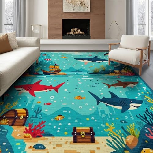 6'x9' Washable Modern Fish Area Rug, Teal Non-Shedding Pet Friendly Room Rug Foldable Easy Care Carpet for Queen Size Bedroom, Under Bed, Master Suite | Ref:2070039 - color: Blue/Pattern 16, size: 6' x 9' (Rectangular)