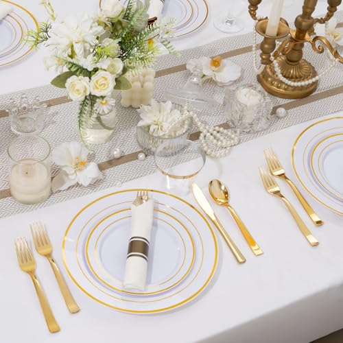 175PCS Disposable Plastic Plates,Gold Plastic Dinnerware Set Includes 25 Dinner Plates, 25 Dessert Plates, 25 Pre Rolled Napkins with Gold Silverware, 25 Cups for Party, Wedding, Birthday - color: White and Gold