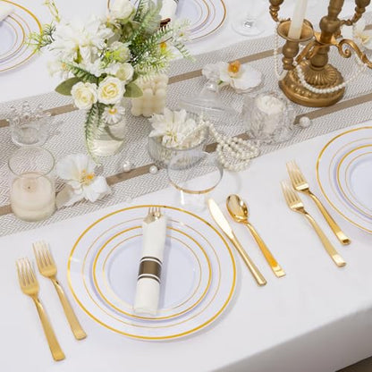 175PCS Disposable Plastic Plates,Gold Plastic Dinnerware Set Includes 25 Dinner Plates, 25 Dessert Plates, 25 Pre Rolled Napkins with Gold Silverware, 25 Cups for Party, Wedding, Birthday - color: White and Gold