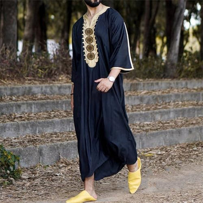 RTTUIOP Men's Muslim Clothes Lace Sleeves V-Neck Thobe Middle East Kaftan Saudi Arab Caftans Islamic Abaya Dress - color: 02-dark Blue, size: X-Large