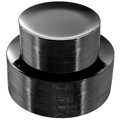 PULOTE 100PCS Black Plastic Plates Disposable - Premium Heavy Duty 50 Black Dinner, 50 Dessert/Salad Plates - Ideal for Party, Halloween - color: Black