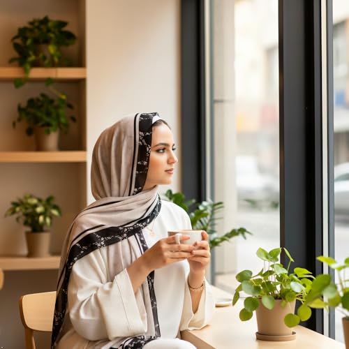 Hijab Modest and Elegant | Beautifully Designed Printed Chiffon Patterns | Muslim Women Head Scarf and Veil - color: Black - W