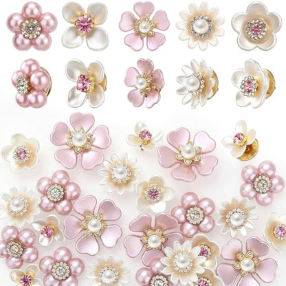 50 Pcs Pearl Rhinestone Brooch Pin Flower Embellishments Brooches and Pins for Women Lapel Pins No Sew Button Charms Accessories for Clothes Bags Wedding DIY Crafts, 5 Styles - color: Pink