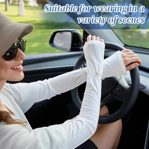 White UV Sun Protection Arm Sleeves for Women, Cooling Sleeves Long Women for Outdoor Driving Cycling
