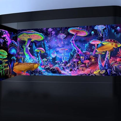30X12IN Blacklight Mushroom Black Light Aquarium Background UV Reactive Background Starry Sky Terrarium Mushroom Theme Background with 10 EVA Double-Sided Tape - color: Violet bluish, size: 30X12in/75X30cm