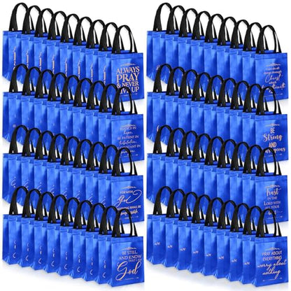 Aliceset 64 Pcs Christian Gift Bags Bulk with Handles for Church Favors Reusable Medium Bible Verse Religious Gift Bags Non Woven Welcome Totes for Baptism Vacation Bible School Gifts (Blue) - color: Blue