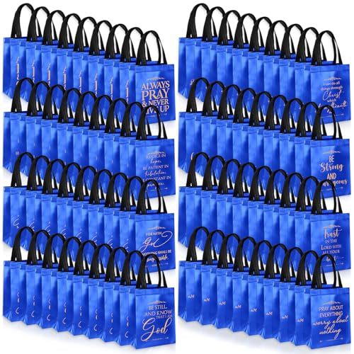Aliceset 64 Pcs Christian Gift Bags Bulk with Handles for Church Favors Reusable Medium Bible Verse Religious Gift Bags Non Woven Welcome Totes for Baptism Vacation Bible School Gifts (Blue) - color: Blue