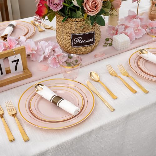 175PCS Pink Gold Plastic Dinnerware Set,Pink Plastic Plates, Include: 25 Dinner Plates, 25 Dessert Plates, 25 Pre Rolled Napkins with Gold Silverware, 25 Cups for Spring Wedding,Mother's Day - color: Pink and Gold