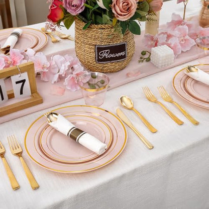 175PCS Pink Gold Plastic Dinnerware Set,Pink Plastic Plates, Include: 25 Dinner Plates, 25 Dessert Plates, 25 Pre Rolled Napkins with Gold Silverware, 25 Cups for Spring Wedding,Mother's Day - color: Pink and Gold