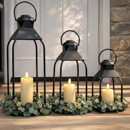 Decorative Metal Lanterns Indoor Outdoor, Candle Holder for Porch, Patio, Fireplace, Floor, Wedding, Christmas, Fall, Holiday, Farmhouse Table Centerpiece (Black, Set of 3 20" 15.7" 12") - color: Black, size: Set of 3 20" 15.7" 12"