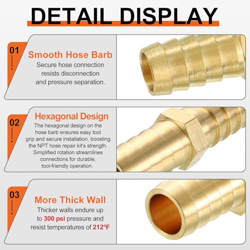 2 Pack Brass Hose Barb to Adapter with 4Pcs Stainless Steel Hose Clamp, 3/8" Barb x 3/8" for Industrial, Automotive, Fluid, Home Gardening, and Water Treatment - size: 3/8" Barb To 3/8" with Hose Clamp