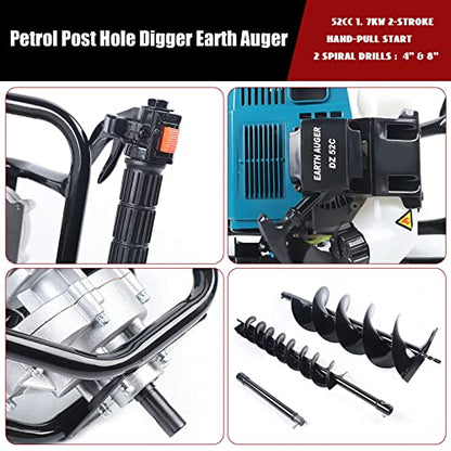 Auger Post Hole Digger, Gas Powered Earth Post Hole Digger Post Holes Earth Digger Petrol Drill Borer Bulb Planting Drill Fence Hole Maker Machine (52CC 2.3HP 1.7KW) - size: 52CC 2.3HP 1.7KW