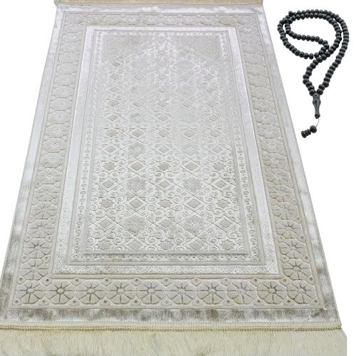 Modefa Velvet Prayer Rug - Soft Plush Turkish Janamaz Sajada Carpet for Men and Women - Plain Solid Prayer Mat Ramadan Eid Gift - with Prayer Beads - Luxury Floral Stamp (Ivory) - color: Ivory