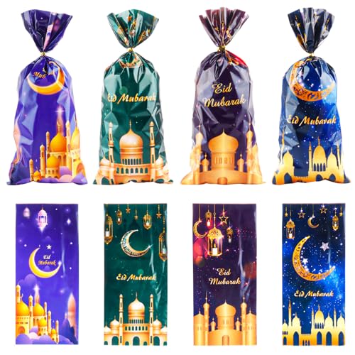 LERCTH 50 PCS Ramadan Eid Mubarak Gift Bags with Gold Twist Ties - 4.9x10.7 Inch Metallic Foil Treat Bags, Moon Star Design Party Favor Bags for Islamic Holiday Celebrations - color: Ramadan Bags 50 pack