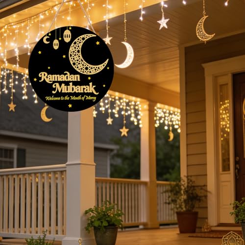 Ramadan Decoration Wooden Ramadan Mubarak Wreath for Front Door Sign Eid Mubarak Wreath Hanging for Islamic Home Wall Decor Eid Decorations