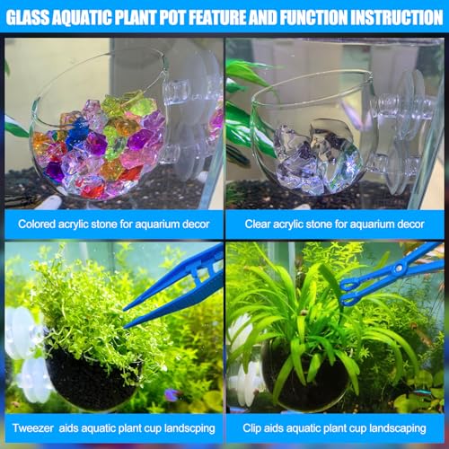 4pcs Glass Aquarium Decor Plant Pot，Crystal Aquatic Plant Pot with Suction Cup, Betta Resting Bed Spot，Aquarium Planter Landscaping Cup with Stones Clip and Tweezers (4pcs Glass Aquarium Plant Pot) - size: 4pcs glass aquarium plant pot