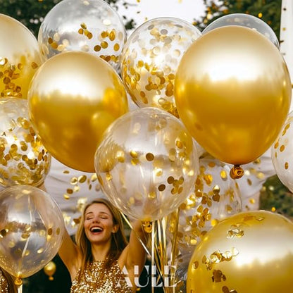 AULE Party Balloons Pack of 42 - Metallic Gold Balloons & Gold Confetti Balloons and 64ft Ribbons - 12 Inch Balloons Decorations Set - color: Gold
