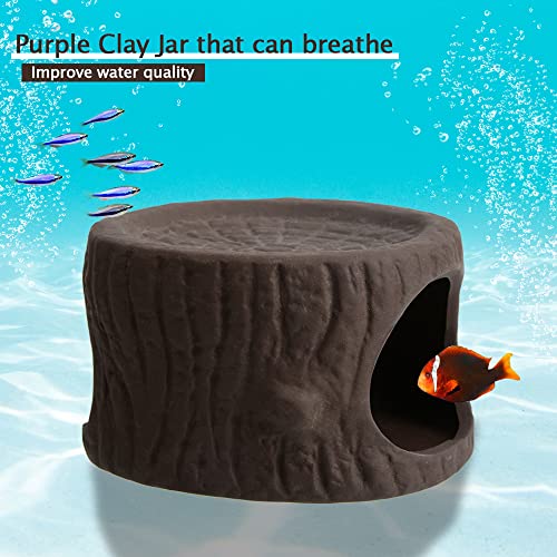 Saim Ceramic Betta Cave, Handcrafted Natural Tree Stump Fish Tank Decor, Aquarium Hideout for Betta Fish Shrimp Cichlid, Aquarium Decorations Breeding Cave with Large Opening