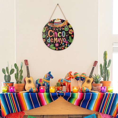 Smile Cinco De Mayo Wooden Round Door Hanger, Mexican Fiesta Themed Front Door Sign with Sombrero & Cactus for Party Decor - style: Sombrero
