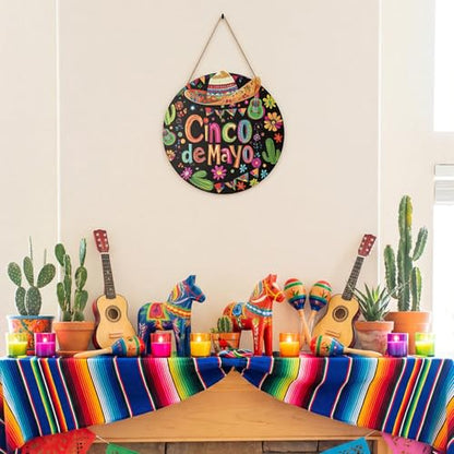 Smile Cinco De Mayo Wooden Round Door Hanger, Mexican Fiesta Themed Front Door Sign with Sombrero & Cactus for Party Decor - style: Sombrero
