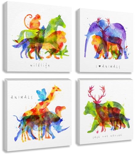 DJSYLIFE Watercolor Wildlife Animal Canvas Wall Art 4-Piece Set - color: Animal, size: 12"L x 12"W x 4 Pieces