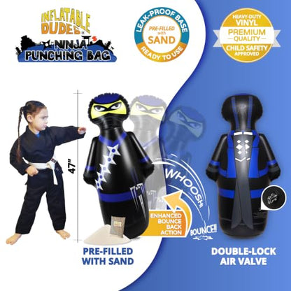 INFLATABLE DUDES Black Ninja Toy 47” - Kids Punching Bag | Sand-Base | Bop Bag, Pre-filled with Sand, Inflatable Toy, Punching Bag for Kids, Enhanced Bounce-Back Action, Indoor/Outdoor - color: Black/Blue Standard Ninja | Pre-filled with Sand