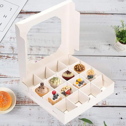 Lotusland 20PCS Empty Sweet Boxes with Window and Divider,White Cake Boxes with 16 Compartments, Treat Cookie Boxes Dessert Containers Boxes for Chocolate Cookie Candy