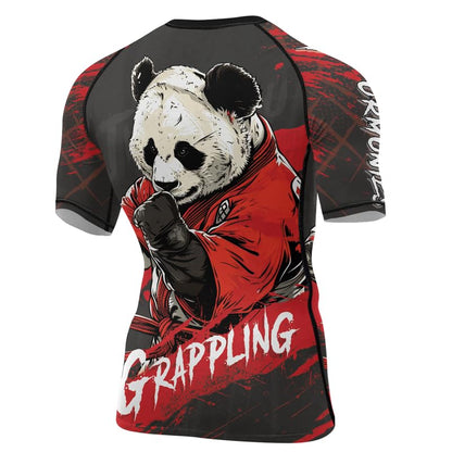 Panda Fighter Men's Short Sleeve Compression Rash Guard MMA Jiu Jitsu BJJ Grappling Base Layer Combat Shirt - color: V2, size: Small