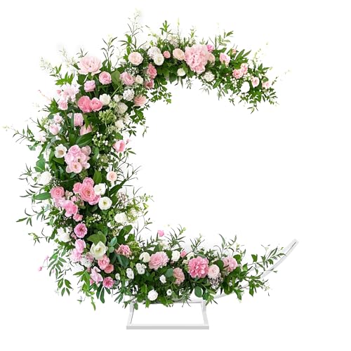 Moon Shape Wedding Metal Arch Backdrop White Flower Balloon Arbors Stand for Wedding Birthday Party, Graduation Decorations and Baby Shower - color: White