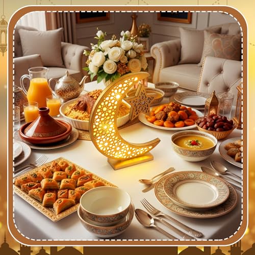 Cinnvoice Ramadan Decorations Moon Ramadan Lights for Table Home 2026, Crescent Lunar Moon Lamp for Eid Mubarak Decor Eid Ul Fitr Lamp Gifts Bedroom Livingroom(Wooden,Classic Style) - style: Classic Style