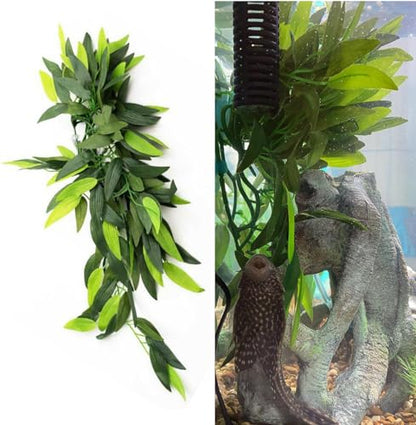 Artificial Aquarium Plants Plastic, Reptile Plants Hanging Silk Terrarium Rattan Ornament with Suction Cup (Green)