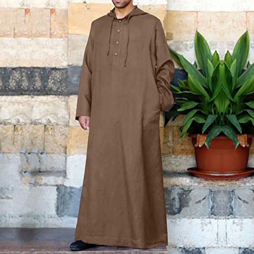 Ctreela Kaftan Thobe for Men Big And Tall Muslim Hooded Robe Mens Long Sleeve Caftan Thawb Islamic Ramadan Masjid Gown - color: Brown, size: 4X-Large