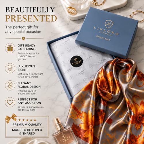 LONDON Women’s Satin Silky Scarf Gift Box Large Lightweight Silky Smooth Shawl Wrap for Hair, Head, Neck or Hijab - color: Orange Flowers - Box