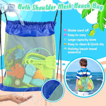 Beach Sand Toys, Sandbox Toys with 2 Dinosaur Dump Truck, Collapsible Bucket, Creative Molds, Mesh Bag, Sand Castle Play Set for Kids Ages 3-12, Outdoor Summer Beach Essentials for Building & Playing