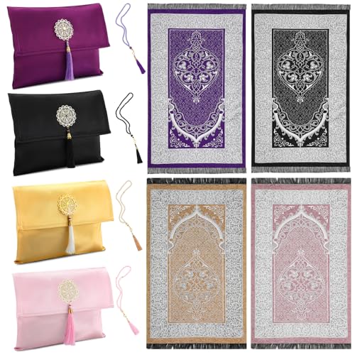 Mindsoft 4 Pack Eid Muslim Prayer Rug Portable Mat with Travel Bag and Beads, Islamic Ramadan Gifts for Men, Women and Kids (Classic Color) - color: Classic Color