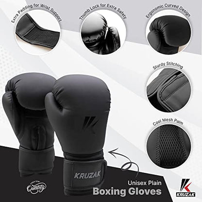 Kruzak Matte Black Boxing Gloves and Pads, Boxing Gloves Training Set for Kickboxing and Muay Thai MMA Training - Boxing Kit for Adults with Punching Pads for Martial Arts and Karate - size: 16 oz