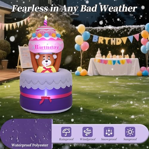 Lewondr 6FT Inflatable Birthday Cake Outdoor Decorations, Automatic Lifting Bear, Waterproof Blow Up Happy Birthday Decor with Candle 4 LED Lights for Outdoor Indoor Party Garden Yard Lawn - style: Lifting Bear
