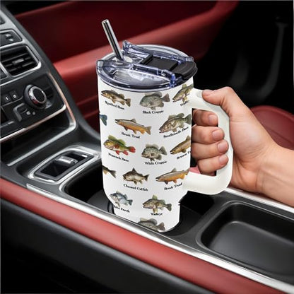 Fishing Coffee Mug, Fish Gifts for Dad, 40oz Tumbler, Fishing Gifts for Men with Handle and Straw, Christmas, Thanksgiving, Birthday Gifts for Fisherman, Party Supplies, Stainless Steel Cup - color: Fish-White