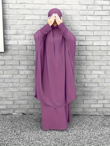 Womens Muslim Abaya Solid Prayer Dress Islamic Maxi Kaftan with Hijab Dubai Full Length 2 Piece Dress - color: 1dark Purple