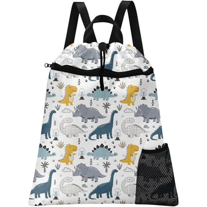 Cute Sketch Dinosaur Drawstring Backpack, 15” x 17” Waterproof Swim Bag for Beach Swimming Pool, Lightweight Foldable Gym Bag with Water Bottle Holder for Sports Travel - color: Cute Dinosaur
