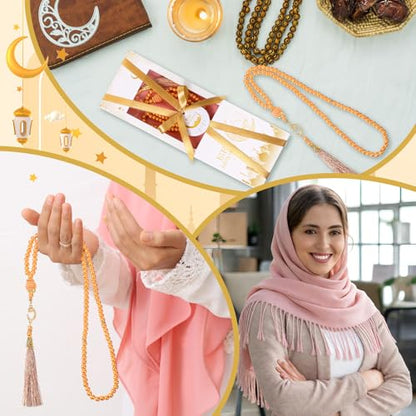 6 Sets Eid Ramadan Gifts for Women Muslim Tasbih Prayer Beads Pink Islamic Hijabs Scarf Shawl Mubarak Greeting Card with Box Eid Al-fitr Gift for Hajj Muslim Celebration Wedding Party