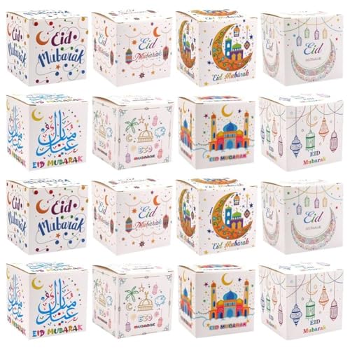 16 Pcs Eid Mubarak Candy Box Ramadan Gift Boxes Muslim Party Favor Boxes Paper Gift Box for Eid Islamic Party Decorations