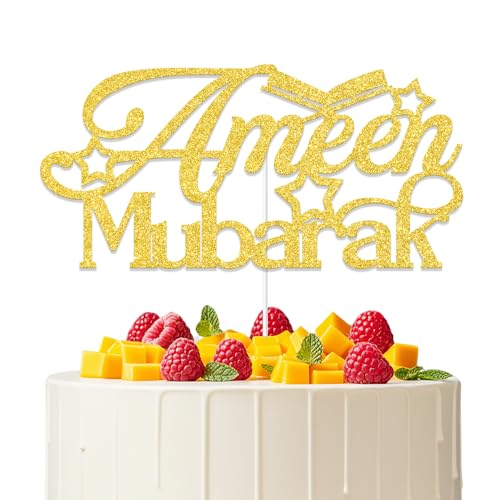 Ameen Mubarak Cake Topper Ramadan Mubarak Cake Decor Eid Festival Muslim Islam Party Decor Sign Eid Islamic Muslim Theme Party Cake Decoration Supplies Gold Glitter